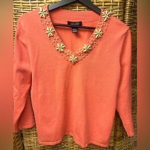 pointelle- Womens Coral shirt with beaded v neck- Size: Large,‎ Short torso